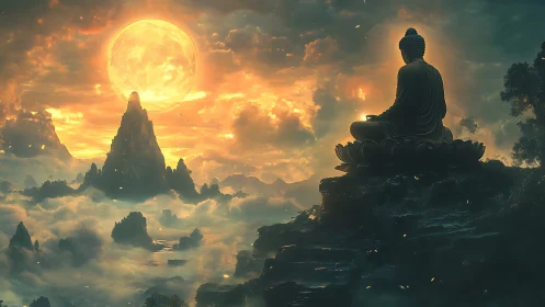 Seated Buddha silhouette overlooking luminous mountain vista.