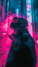 Masked figure in neon urban fog at night, side profile view.