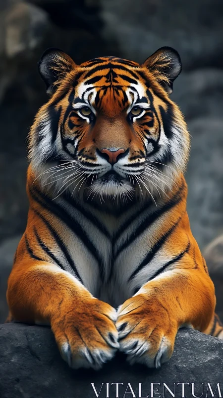 Calm tiger resting with gentle strength and steady gaze.