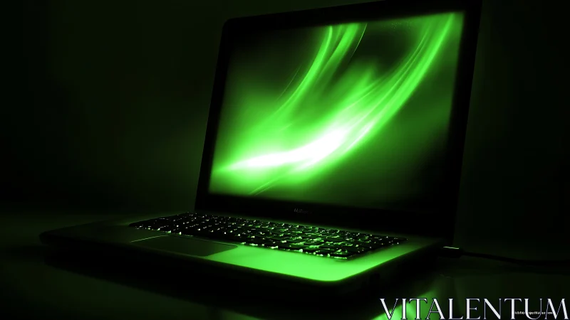 Luminous green laptop screen glows in a darkened workspace.