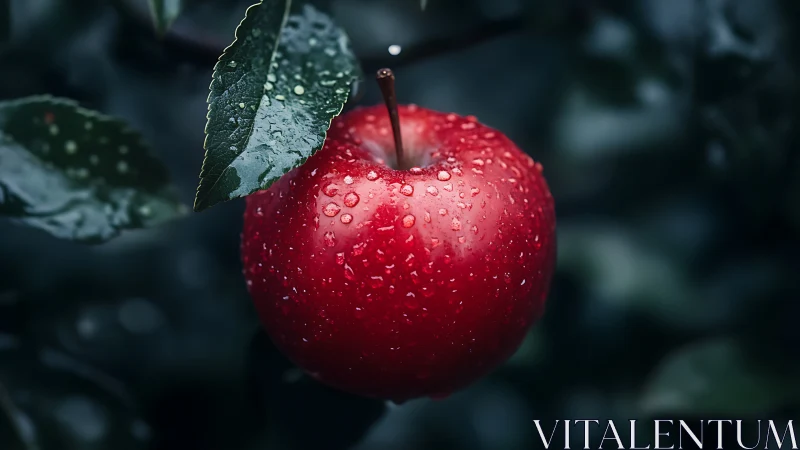 Single red apple with water droplets in shallow focus view