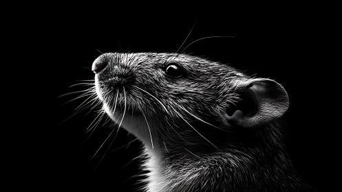Monochrome rat portrait in dramatic side lighting on black.