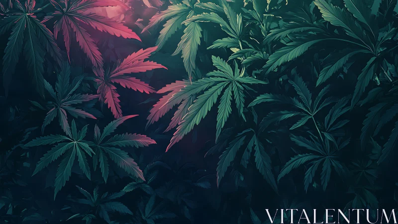 Cannabis leaves glow under moody teal and magenta lighting