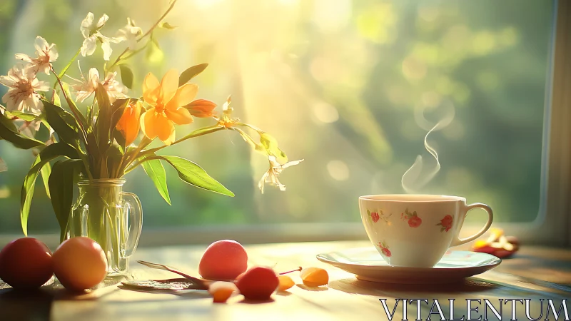 Photorealistic morning still life with floral china teacup.