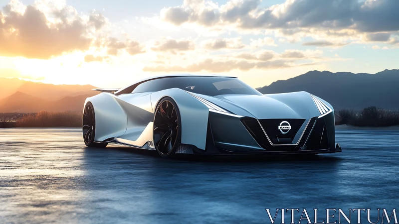 Futuristic silver sports car on open road at sunset glow.