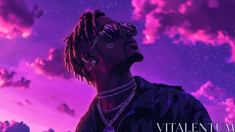 Neon-lit portrait beneath radiant magenta twilight sky.