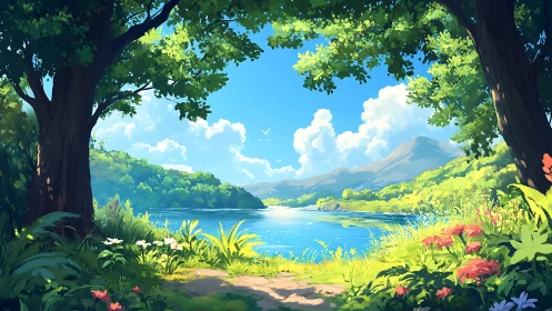 Sunlit lakeside path opens onto tranquil blue water and hills