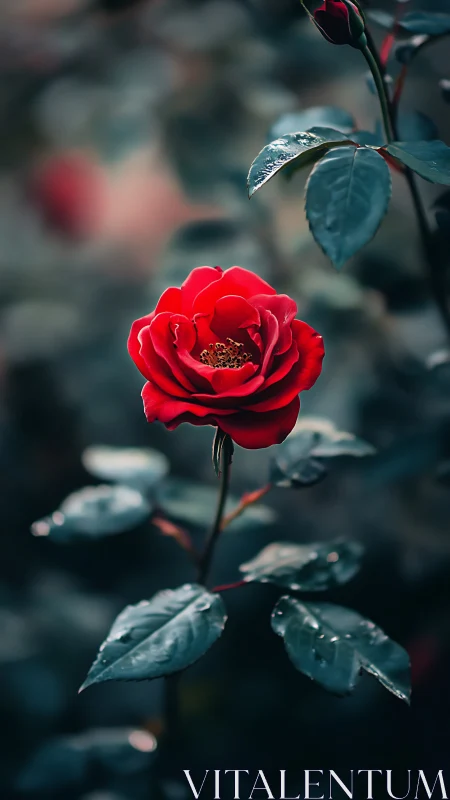 Red rose bloom with water droplets on green foliage