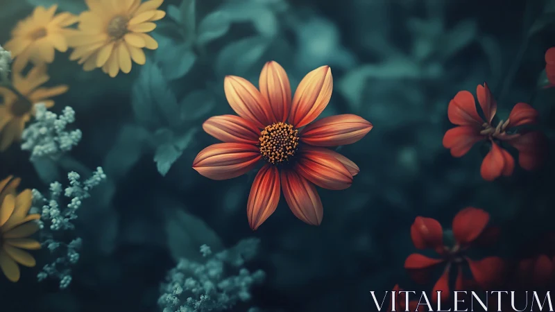 Coral-red Daisy with Golden Center Against Deep Teal Garden.