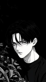 Melancholic dark haired boy framed by night foliage gaze.