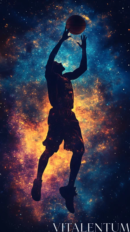 Silhouette of basketball player jumping against cosmic nebula.