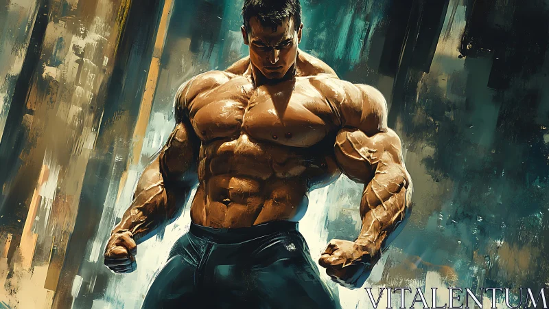 Muscular male bodybuilder in intense digital artwork pose.