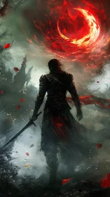 Lone dark warrior beneath a blazing crimson sky.