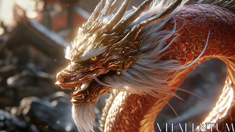 Gold and red serpentine dragon rendered in detailed profile.