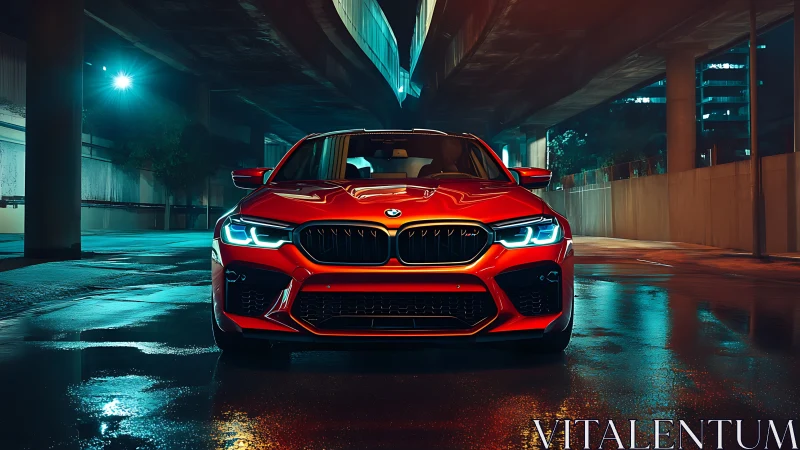 Midnight city streets meet a bold red sports sedan glow.