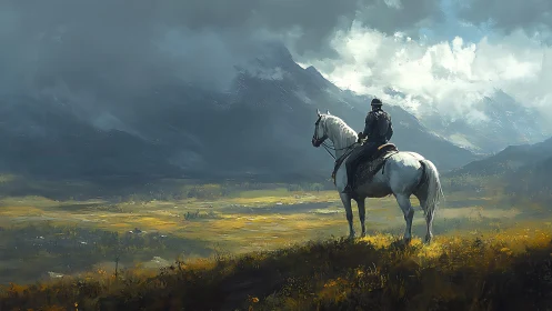 Rider on white horse overlooking vast stormy valley.