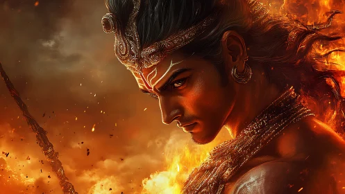 Warrior demigod glows within blazing inferno storm.