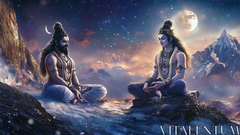 Divine sages meditate in moonlit Himalayan serenity