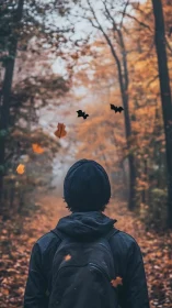 Solitary hiker under autumn canopy with drifting leaves.