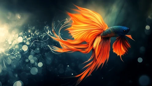 Fiery-tailed betta drifts like living silk through stardust