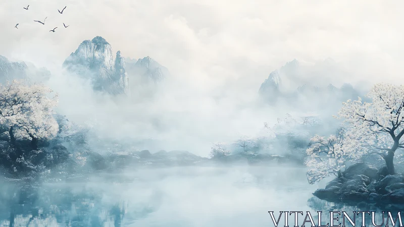 Ethereal misty mountains above tranquil reflective lake.