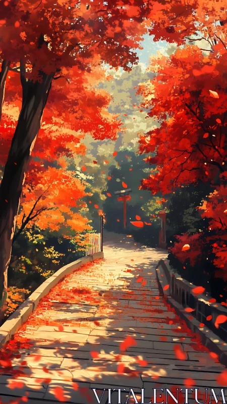 Stone pathway under dense red foliage in autumn light.