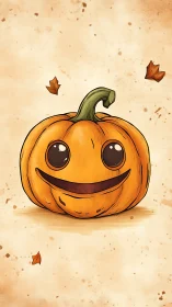 Cartoon pumpkin with carved face on textured background.