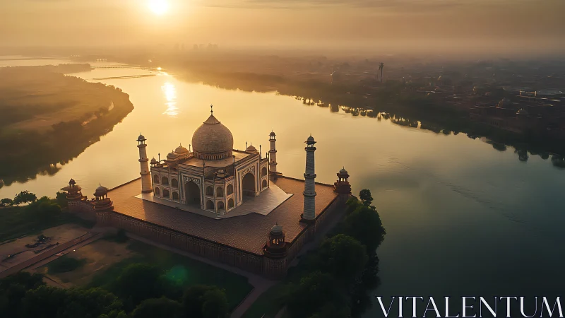 Sunrise riverlight crowns a riverside marble monument in gold.