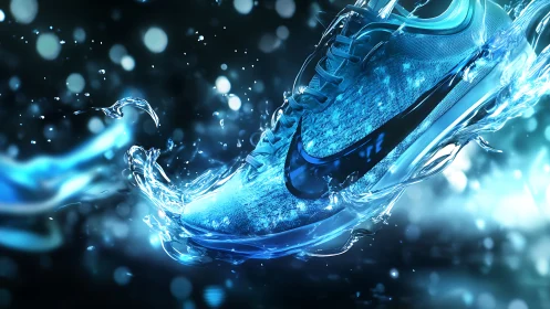 Digital splash-rendered athletic shoe in kinetic motion design.