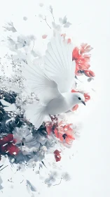 White dove soaring through abstract red and gray blossoms.