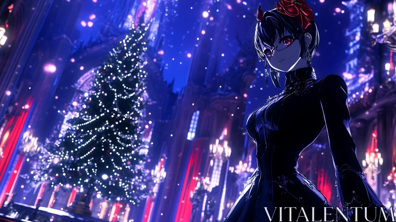 Gothic anime girl stands by glowing cathedral Christmas tree.