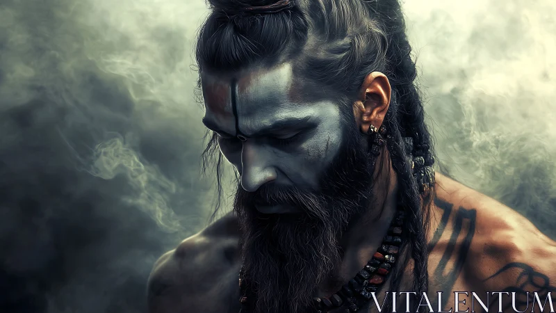 Warrior figure with painted face looks down amid dense smoke