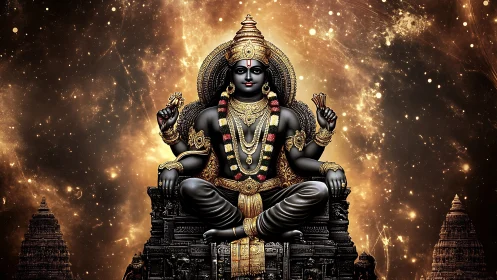 Divine cosmic deity statue amid luminous nebula glow.