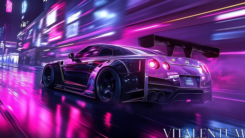 Neon city streets glow as a sleek sports car races forward