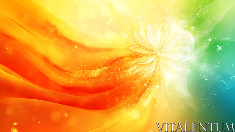 Radiant lotus bursts through flowing orange light field.
