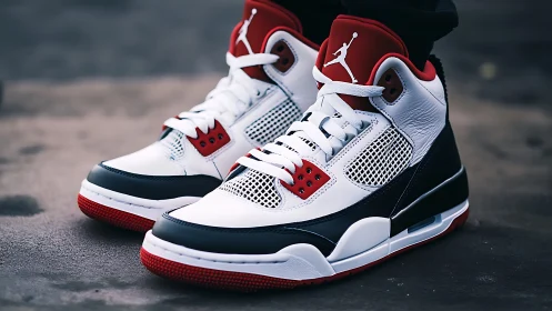 High contrast basketball sneakers stand boldly on urban concrete