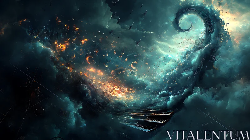 Cosmic stormwave unfurling over incandescent astral keyboard.