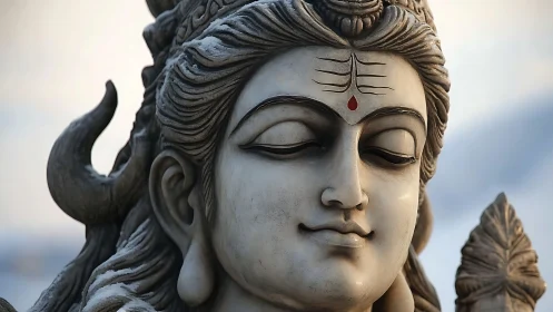 Serene stone divinity smiles in dawn-soaked mountain light.