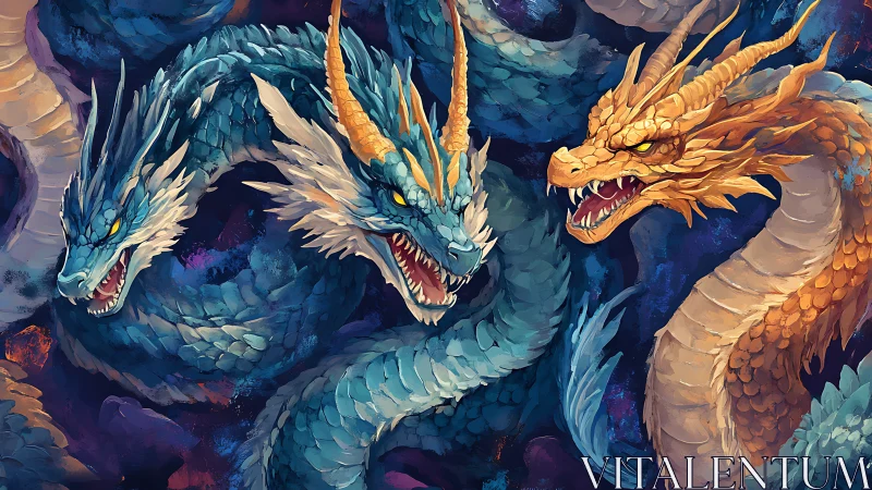 Tri-headed serpentine dragons with layered scales and glowing eyes