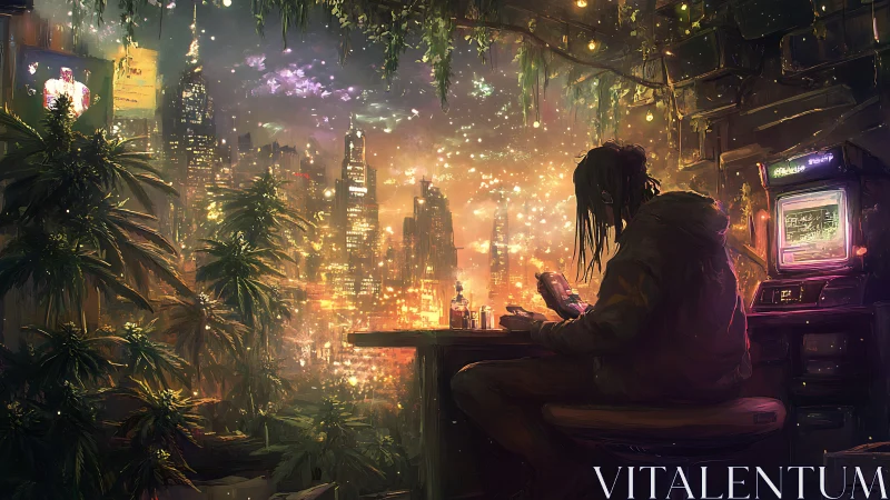 Neon jungle hacker brews code potions above glittering city