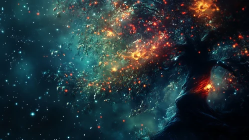 Cosmic arbor silhouette with luminous nebular canopy design.