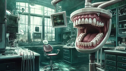 Surreal dental clinic interior with oversized mechanical mouth.