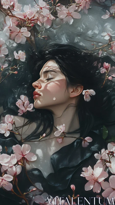 Hyperreal portrait of woman in water with cherry blossoms