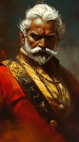Regal warrior elder glares in fiery red and gold armor.