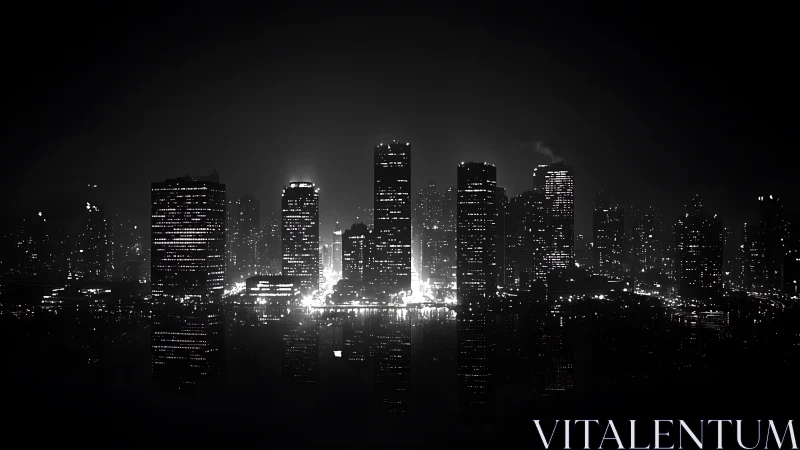 Monochrome high-density skyline with luminous urban core.