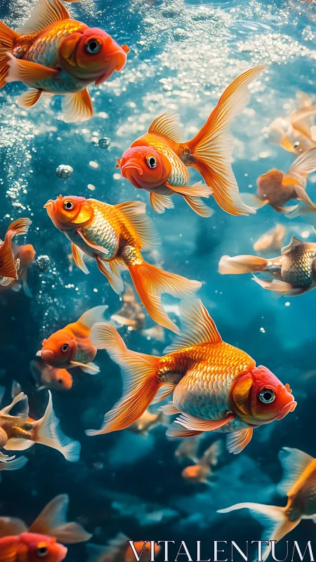 Glowing goldfish drifting through a sparkling blue dream.