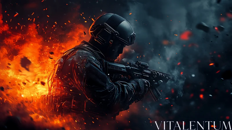 Flame-torn battlefield crowns a lone tactical shadow