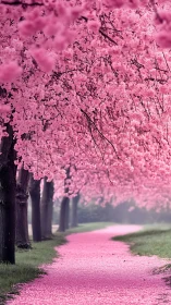 Cherry blossom allée with petal-covered pathway in soft haze