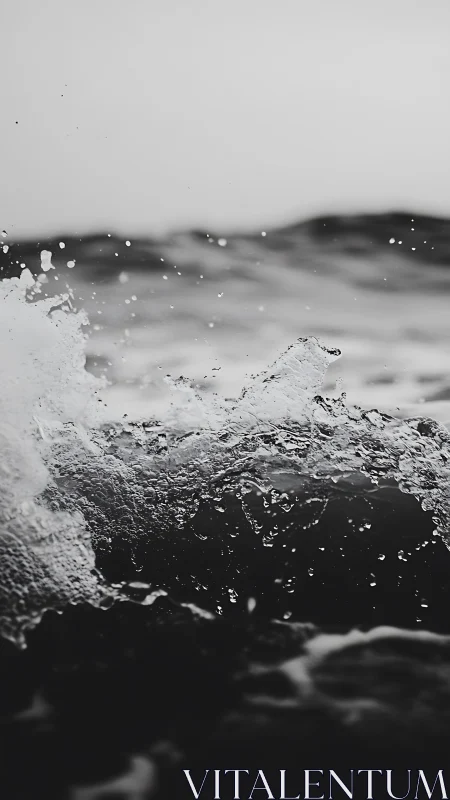 Monochrome ocean spray freezes against dark rolling waves.