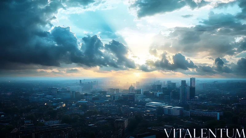 Stormy dawn light breaks over dense modern city skyline